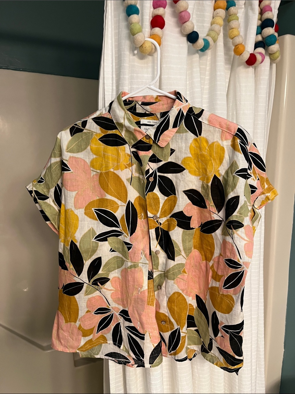 Rachel Zoe Linen Botanical Button Front Top in Pink, Mustard & Black